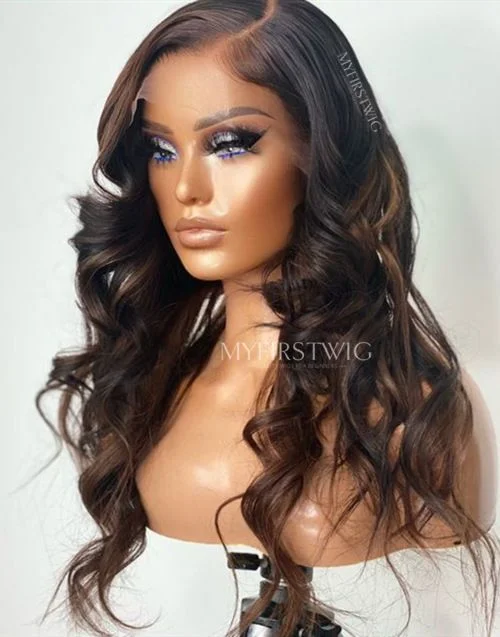 Dreyamichelle - Brown Highlight Malaysian Human Hair Wavy Lace Front Wig - TDM001