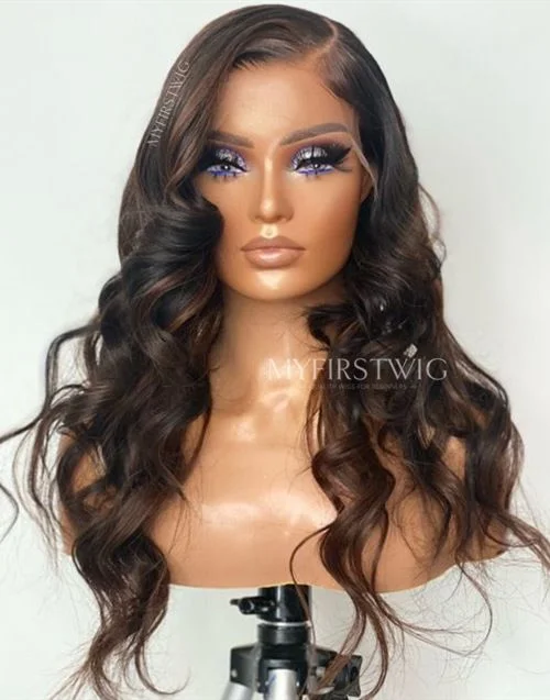 Dreyamichelle - Brown Highlight Malaysian Human Hair Wavy Lace Front Wig - TDM001