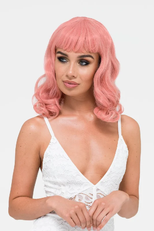 Pink pinup style wig, with finger waves and a short fringe, 1950s style: Stevie