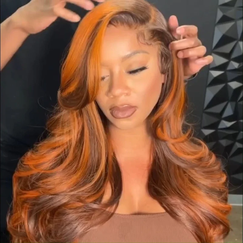 Ginger Orange With Brown Glueless Wigs Body Wave 13x4 HD Lace Frontal Wig Ombre Colored Human Hair Wigs