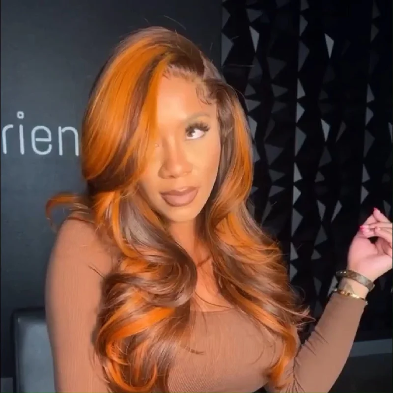 Ginger Orange With Brown Glueless Wigs Body Wave 13x4 HD Lace Frontal Wig Ombre Colored Human Hair Wigs