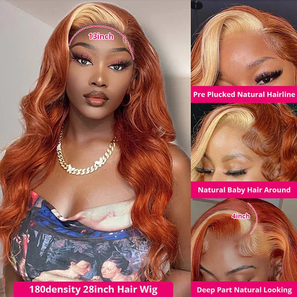 Ginger Wig With Blonde Highlights 13x4 Body Wave Glueless HD Transparent Lace Front Wigs For Wig