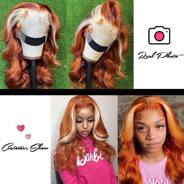 Ginger Wig With Blonde Highlights 13x4 Body Wave Glueless HD Transparent Lace Front Wigs For Wig