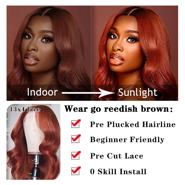 Install & GO Glueless 33# Reddish Brown Body Wave 4x4 13x4 Lace Wigs Wear On The Daily Wig