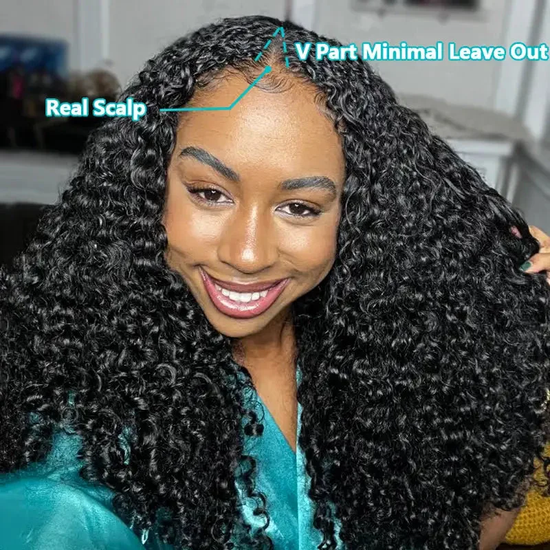 Glueless V Part 0 Skill Needed Wig Beginner Friendly Natural Scalp Curly Human Hair Upgrade Thin Part Wig Without Leave out