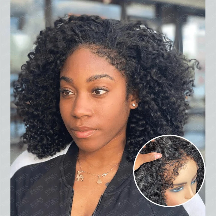 Handmade 4C Hairline Glueless Curly 13x4 Lace Front Bob Wig With Curly Edges Kinky Baby Hair