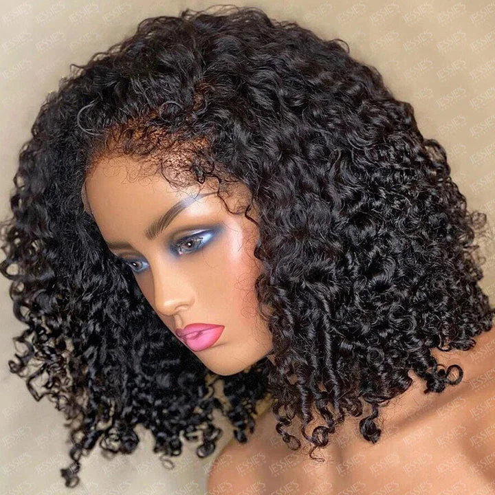 Handmade 4C Hairline Glueless Curly 13x4 Lace Front Bob Wig With Curly Edges Kinky Baby Hair