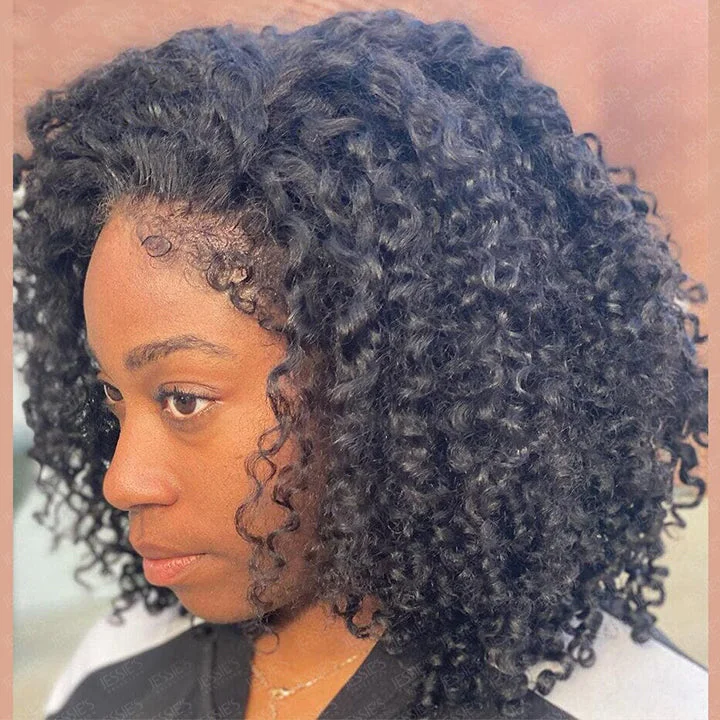 Handmade 4C Hairline Glueless Curly 13x4 Lace Front Bob Wig With Curly Edges Kinky Baby Hair