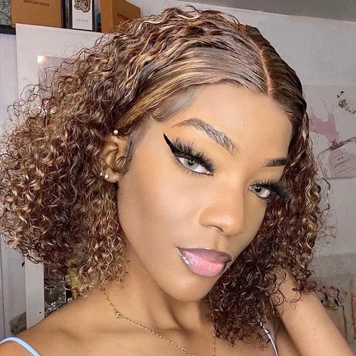 Highlight Honey Brown Curly Bob 5x5 Lace Glueless Wigs Human Hair