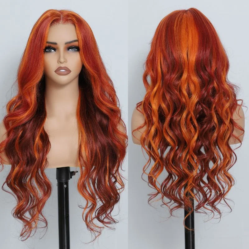 Highlight Red Ginger Body Wave Human Hair Wigs 180% HD Lace Frontal Wig Pre Plucked Glueless Wavy Lace Wigs For Women