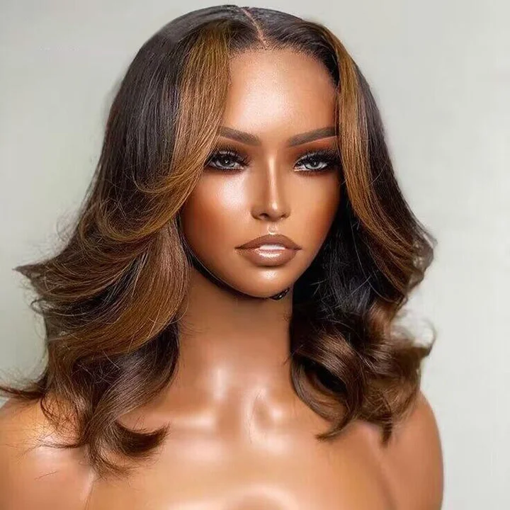 Highlight Short Bob Wavy 13x4 Lace Front Wig Balayage Human Hair Glueless Wig