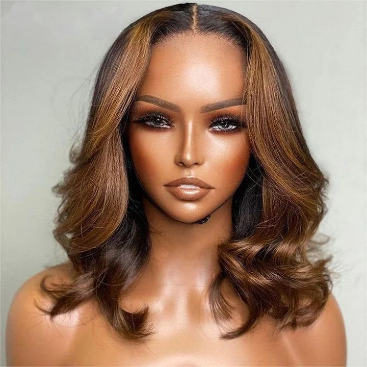 Highlight Short Bob Wavy 13x4 Lace Front Wig Balayage Human Hair Glueless Wig