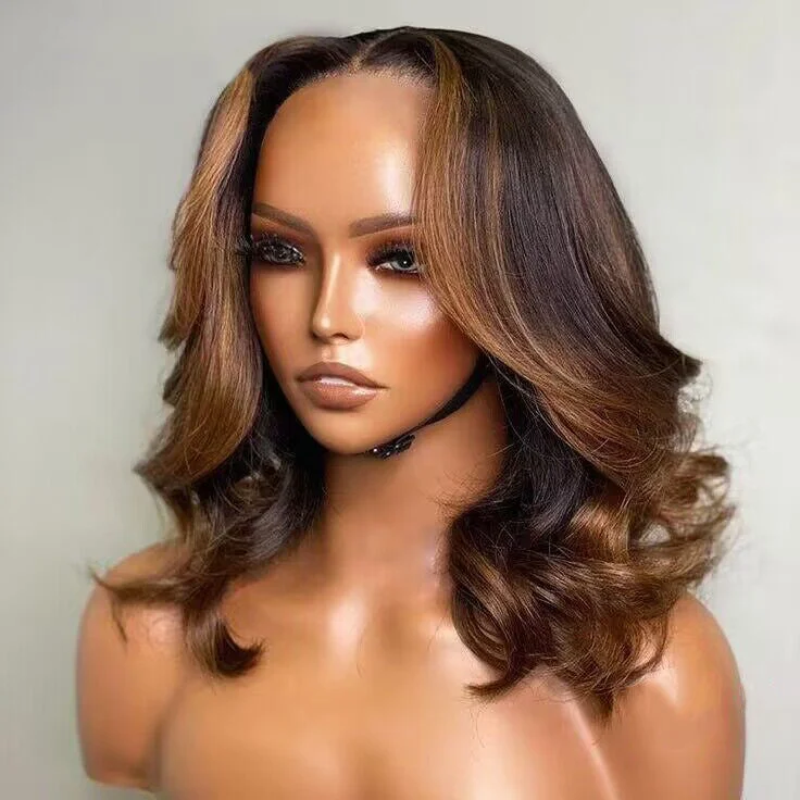 Highlight Short Bob Wavy 13x4 Lace Front Wig Balayage Human Hair Glueless Wig