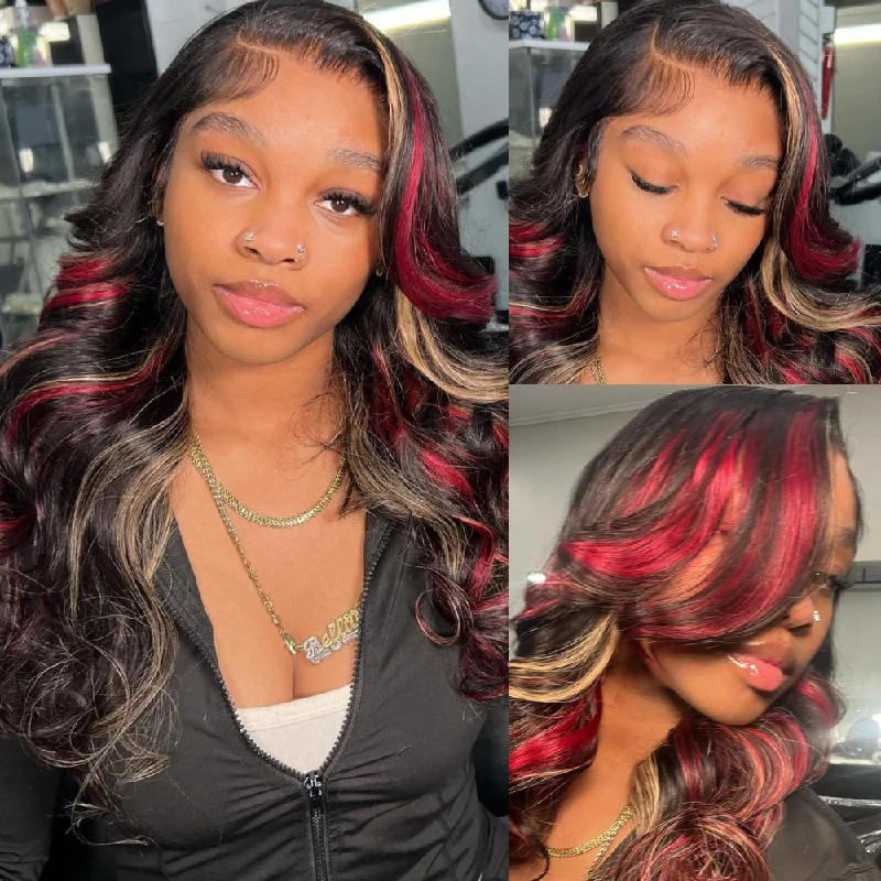 Highlight Transparent Lace Front Human Hair Wigs Body Wave Ombre Red Highlights Blonde Color 13x4/4x4 Glueless Lace Wig-Amanda Hair