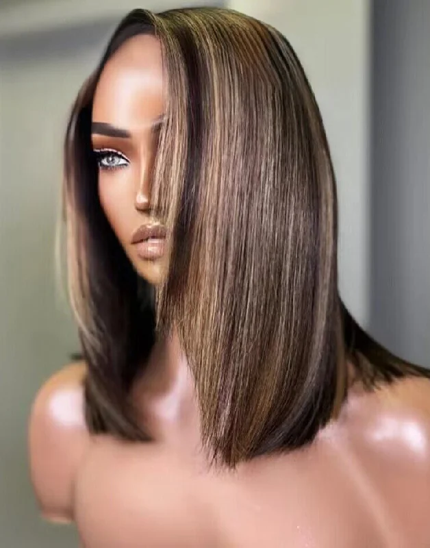 Highlights Honey Short Asymmetric Bob Straight Layer Cut 13x5 Pre Cut Lace Wig Glueless Wig Human Hair