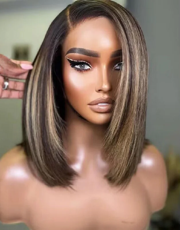 Highlights Honey Short Asymmetric Bob Straight Layer Cut 13x5 Pre Cut Lace Wig Glueless Wig Human Hair