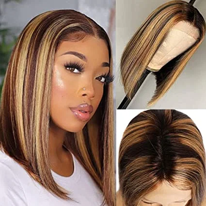 Honey Blonde Wig Glueless Wig Piano Highlight Color Bob Straight 180% Density Wear and GO