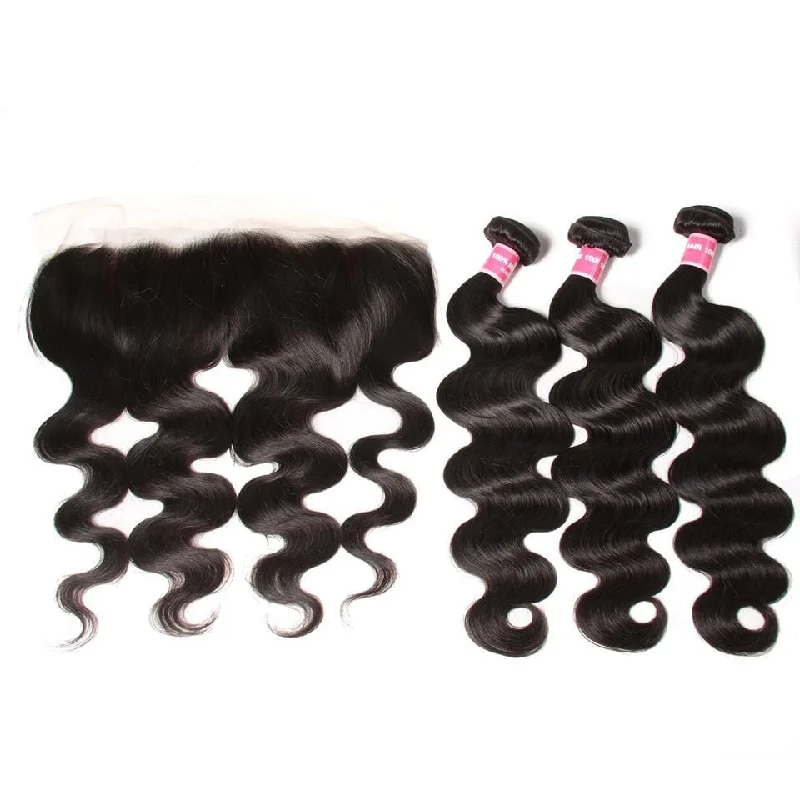 Klaiyi Indian Body Wave 3 Bundles with Ear To Ear Lace Frontal Closure