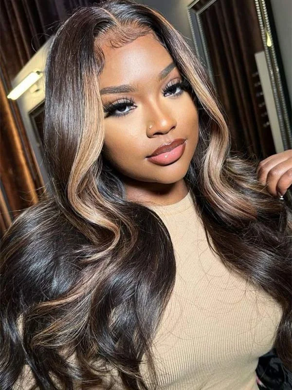 Junoda Black with Blonde Highlight Body Wave Human Hair Skunk Stripe Wig