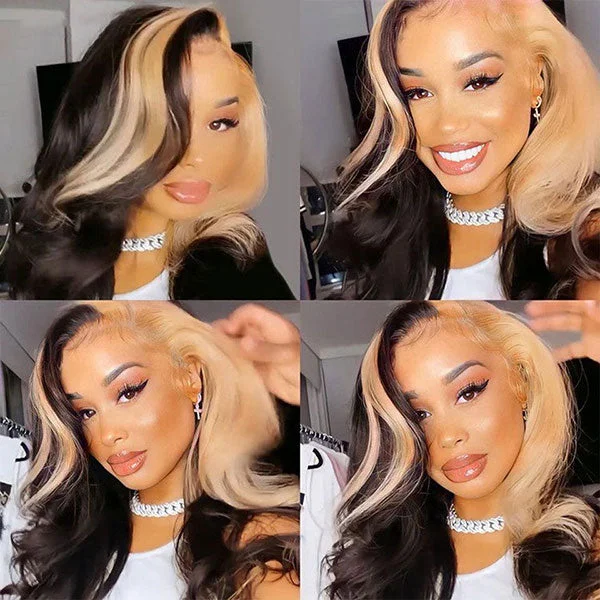 Junoda Caramel Honey Blonde Skunk Stripe Hair Body Wave Lace Front Wig TikTok