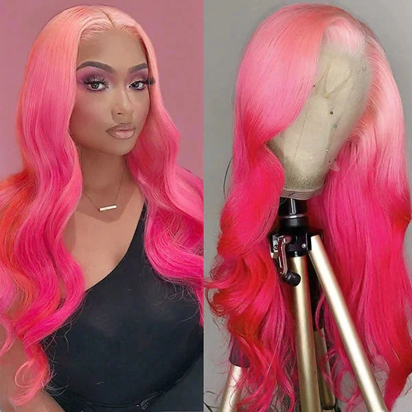 Junoda Ombre Pink Body Wave Wig 2 Tone Colored Human Hair Lace Front Wig