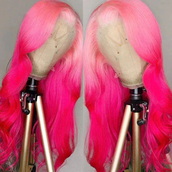 Junoda Ombre Pink Body Wave Wig 2 Tone Colored Human Hair Lace Front Wig