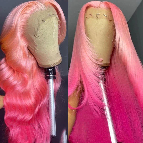 Junoda Ombre Pink Body Wave Wig 2 Tone Colored Human Hair Lace Front Wig