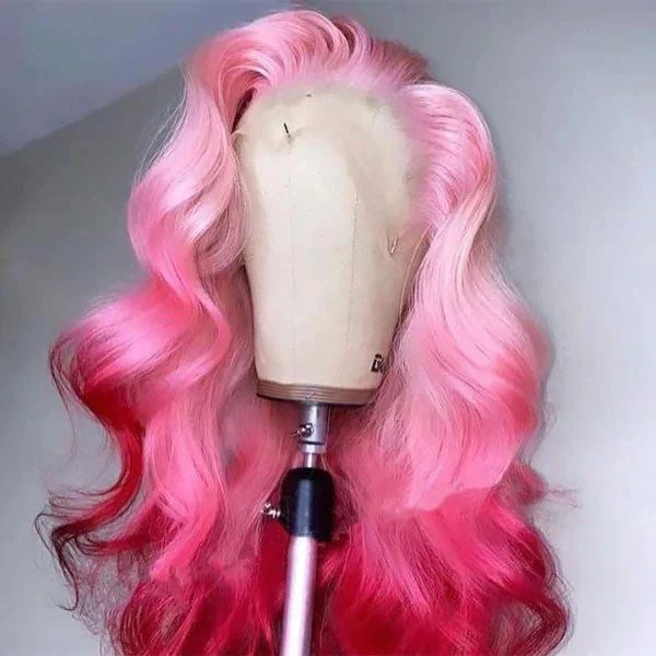 Junoda Ombre Pink Body Wave Wig 2 Tone Colored Human Hair Lace Front Wig