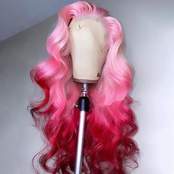 Junoda Ombre Pink Body Wave Wig 2 Tone Colored Human Hair Lace Front Wig