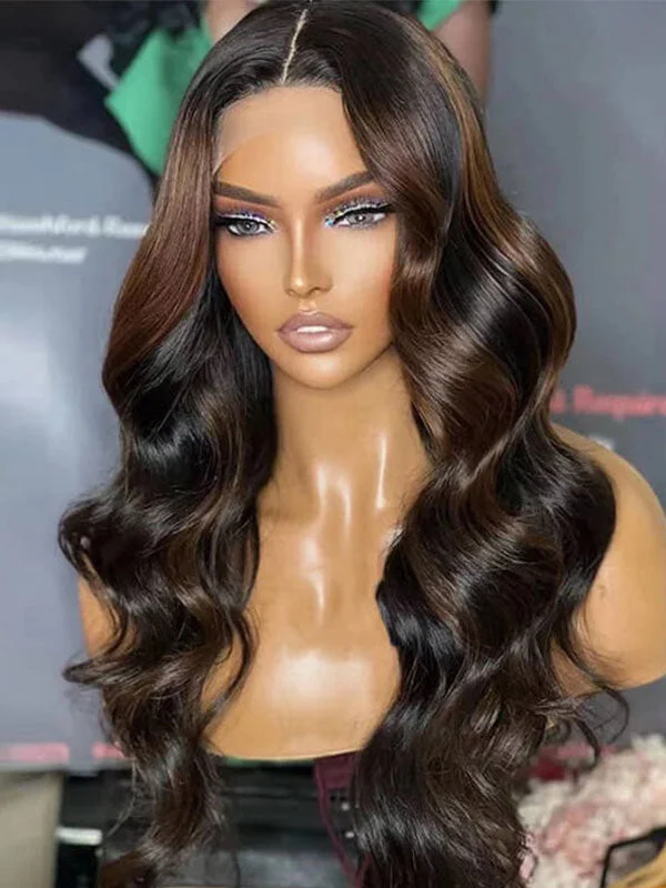 Junoda P1B/4 Highlight Brown Body Wave Human Hair Lace Front Wig Mix Color Wig