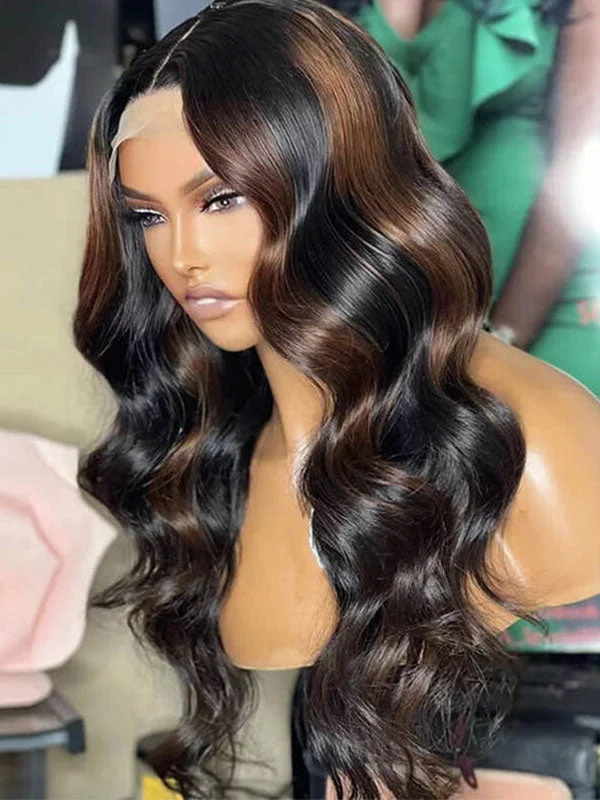 Junoda P1B/4 Highlight Brown Body Wave Human Hair Lace Front Wig Mix Color Wig