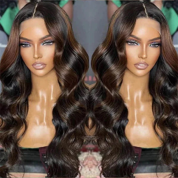 Junoda P1B/4 Highlight Brown Body Wave Human Hair Lace Front Wig Mix Color Wig