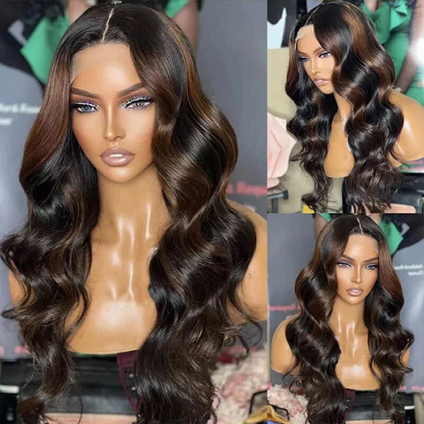 Junoda P1B/4 Highlight Brown Body Wave Human Hair Lace Front Wig Mix Color Wig