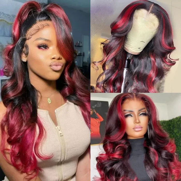 Geeta Hair Body Wave 13x4 HD Lace Highlight Wig Ombre Dark Burgundy Human Hair Frontal Wigs With Rose Red Highlights Pre Plucked Hairline