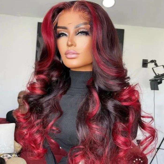 Geeta Hair Body Wave 13x4 HD Lace Highlight Wig Ombre Dark Burgundy Human Hair Frontal Wigs With Rose Red Highlights Pre Plucked Hairline