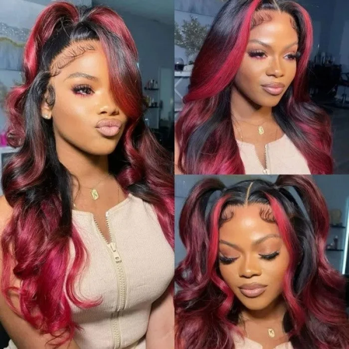 Geeta Hair Body Wave 13x4 HD Lace Highlight Wig Ombre Dark Burgundy Human Hair Frontal Wigs With Rose Red Highlights Pre Plucked Hairline