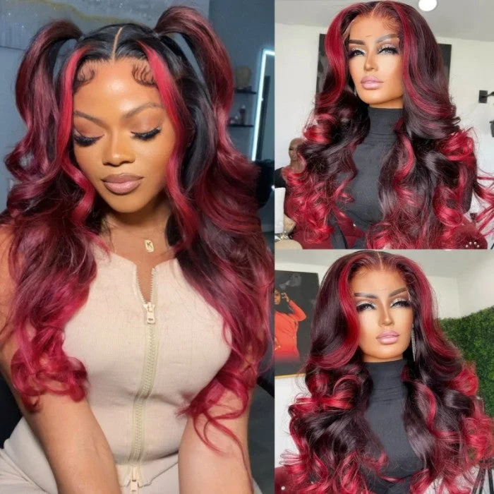 Geeta Hair Body Wave 13x4 HD Lace Highlight Wig Ombre Dark Burgundy Human Hair Frontal Wigs With Rose Red Highlights Pre Plucked Hairline