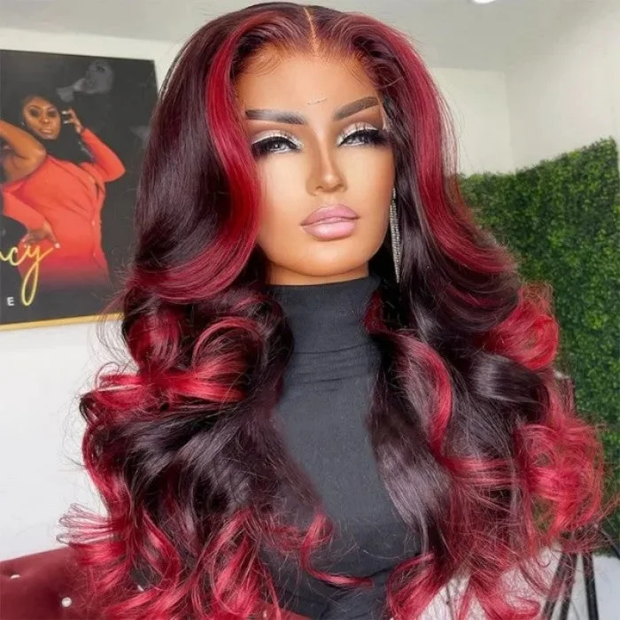 Geeta Hair Body Wave 13x4 HD Lace Highlight Wig Ombre Dark Burgundy Human Hair Frontal Wigs With Rose Red Highlights Pre Plucked Hairline