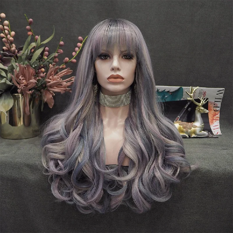 Siren - Low Key Gray Blue Long Wavy Synthetic Wig with Bangs