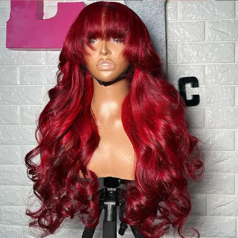 Lumiere Fringe Red Body Wave Preplucked Burgundy 13x4 Transparent Lace Frontal 180% Density Human Hair Wigs With Bangs For Black Women HDZ