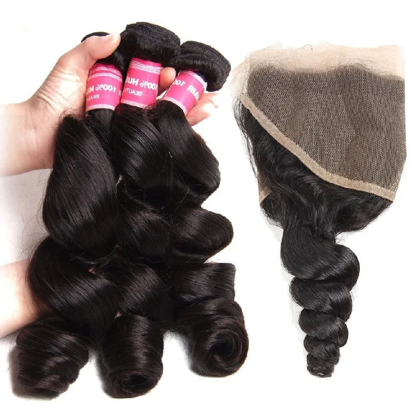 Malaysian Loose Wave  3 Bundles with 13*4 Ear to Ear Lace Frontal Closure-Klaiyi Hair