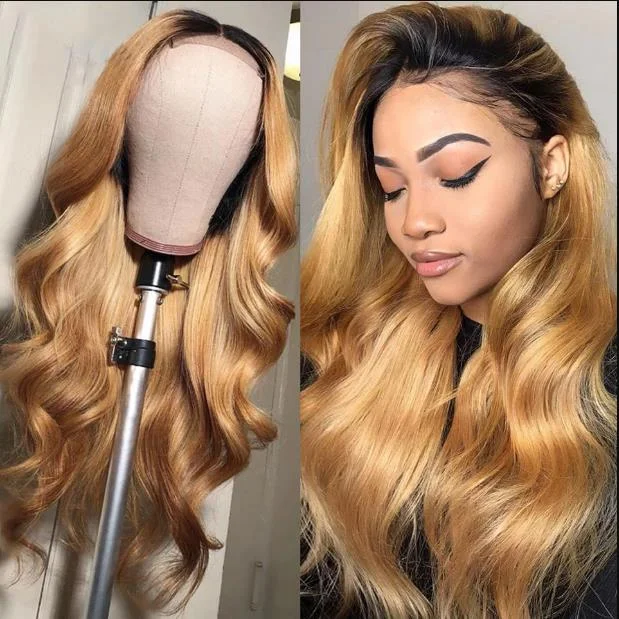 Ombre 1B/27 Honey Blonde Color Body Wave HD Lace Front Wigs