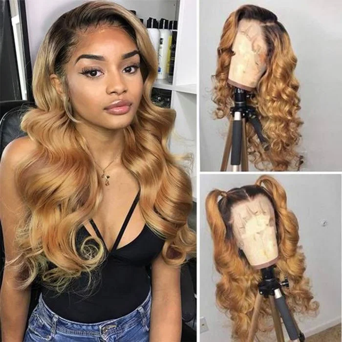 Ombre 1B/27 Honey Blonde Color Body Wave HD Lace Front Wigs