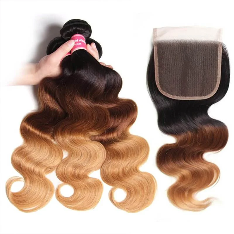 Klaiyi Ombre Hair T1b/4/27 Body Wave Human Hair 3 Bundles with 4×4 Lace Closure