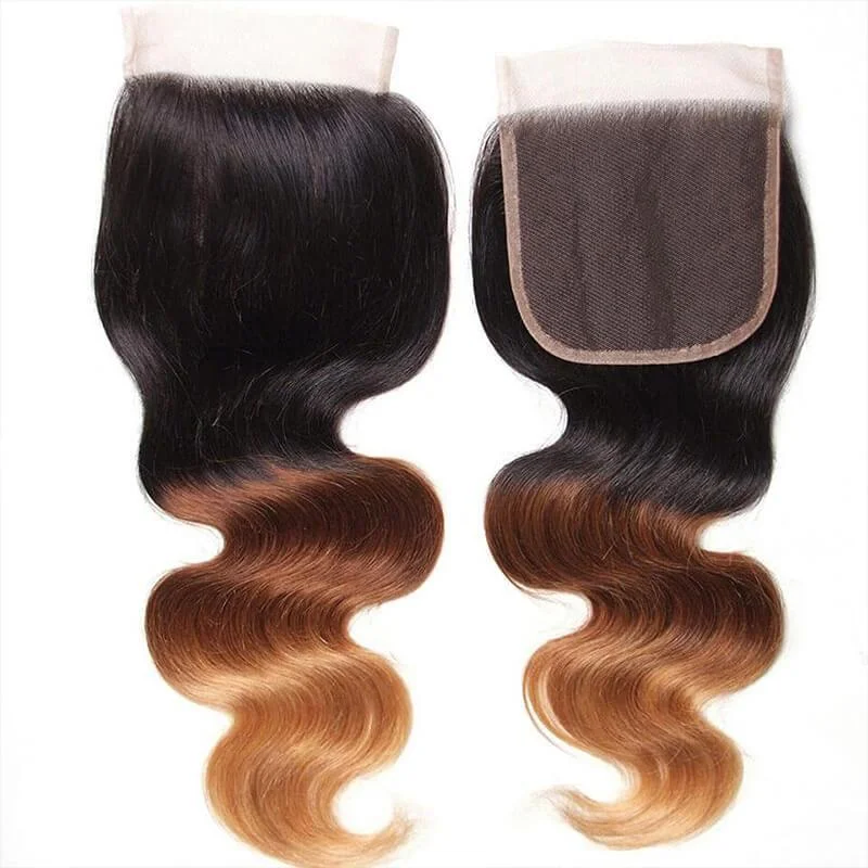 Klaiyi Ombre Hair T1b/4/27 Body Wave Human Hair 3 Bundles with 4×4 Lace Closure