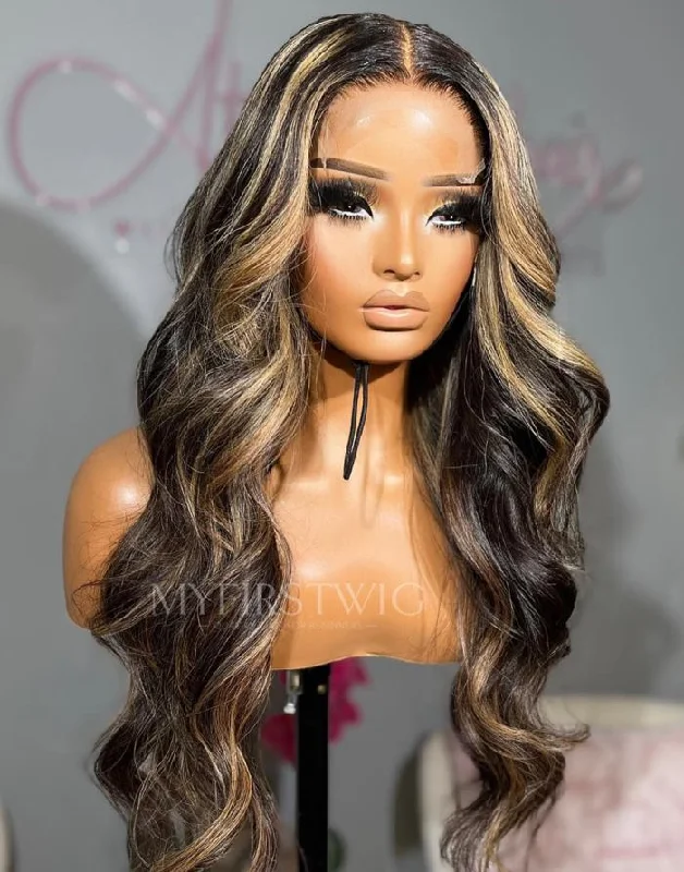 OpHair - Honey Blonde Long Wavy Malaysian Hair Glueless Invisible Lace Front Wig - OPH038