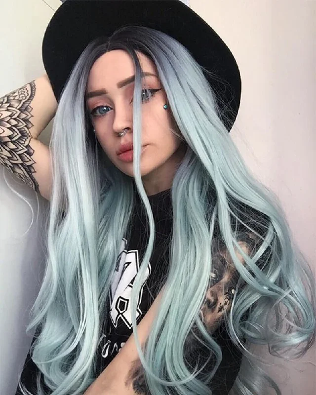 Pastel Green Long Wavy Synthetic Lace Front Wig WT021