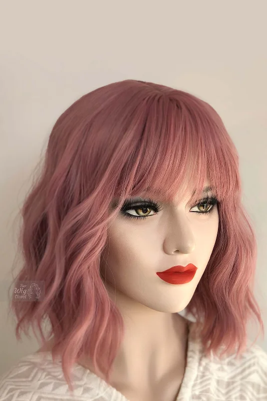 Pastel Pink Wavy Synthetic Bob Wig with Bangs Katy