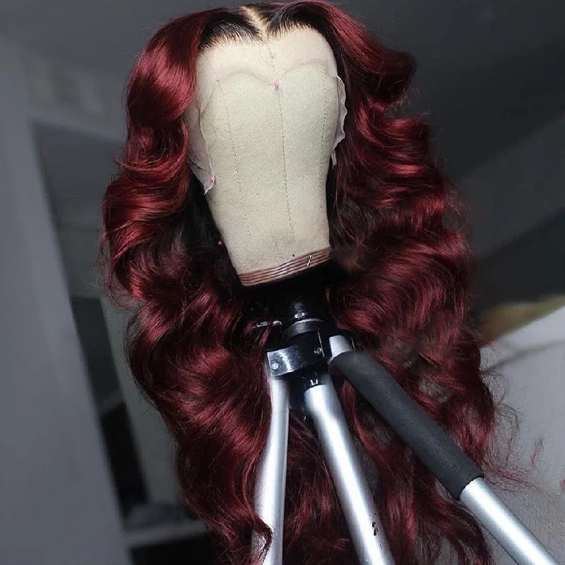 Peruvian Hair Burgundy with Black Root Color Body Wavy Lace Front Wig