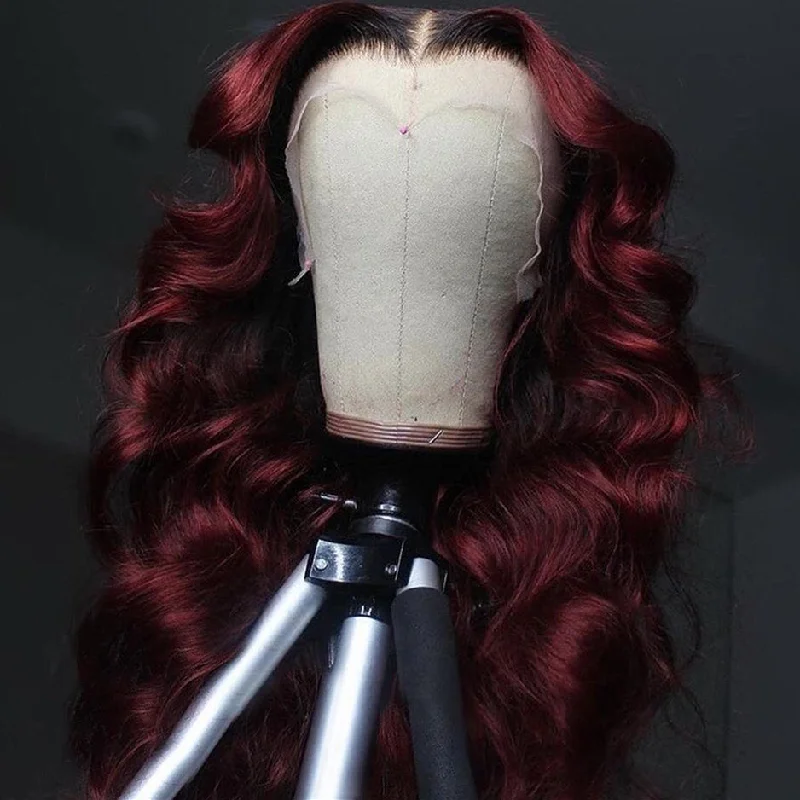 Peruvian Hair Burgundy with Black Root Color Body Wavy Lace Front Wig